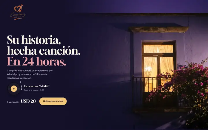La portada de cancionesalma.com en la compu: Su historia, hecha canción. En 24 horas.