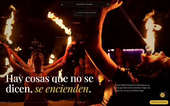 La portada de escenaglobal.com en la compu: una bailarina con abanicos de fuego y el titular Hay cosas que no se dicen, se encienden.