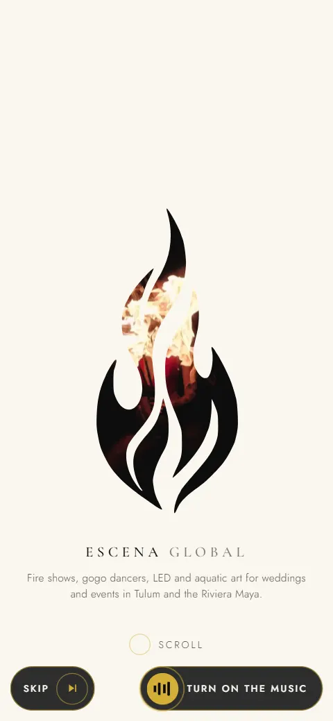 La versión en inglés de Escena Global en un teléfono: el logo de fuego y el texto Fire shows, gogo dancers, LED and aquatic art for weddings and events in Tulum and the Riviera Maya.