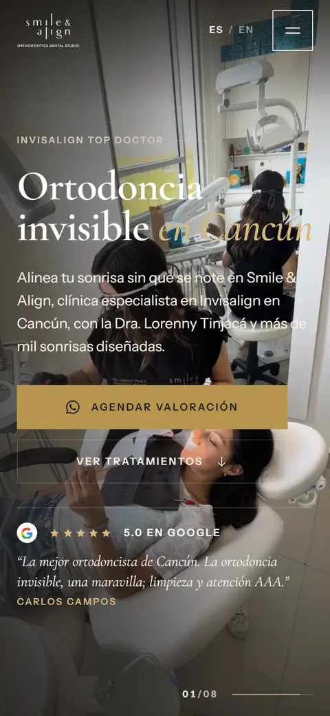 La misma portada en un teléfono: el titular sobre una foto del consultorio y el botón Agendar valoración.