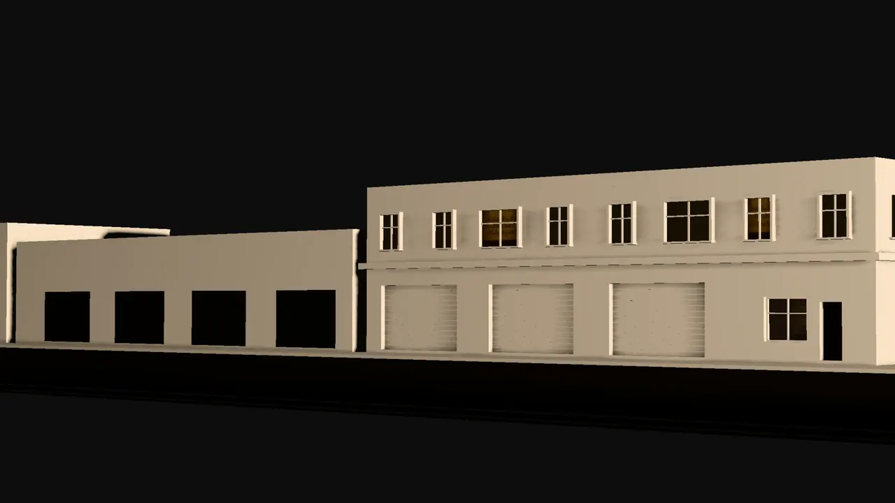 Maqueta blanca de una esquina con cuatro locales, de noche y con las cortinas bajadas.
