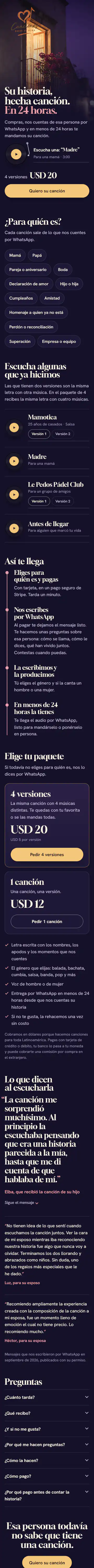 cancionesalma.com completa en un celular, de arriba abajo: la portada con el precio, para quién es, canciones de muestra, los paquetes y las preguntas.